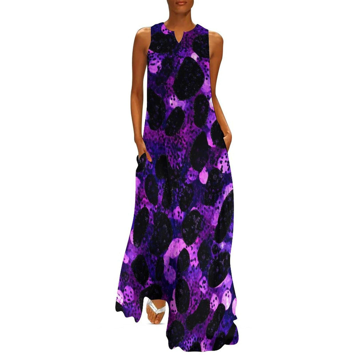 longue d'été sans manches à motif léopard violet et sequins, style décontracté, idéale pour la plage.