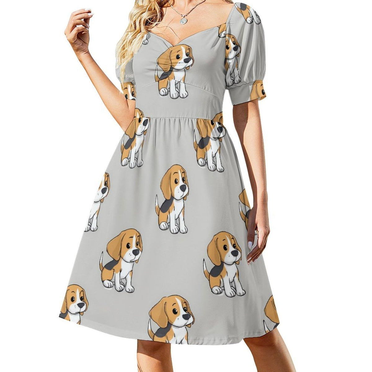 d'été à manches bouffantes pour femme Beagle, coupe trapèze, mini-robe courte décontractée