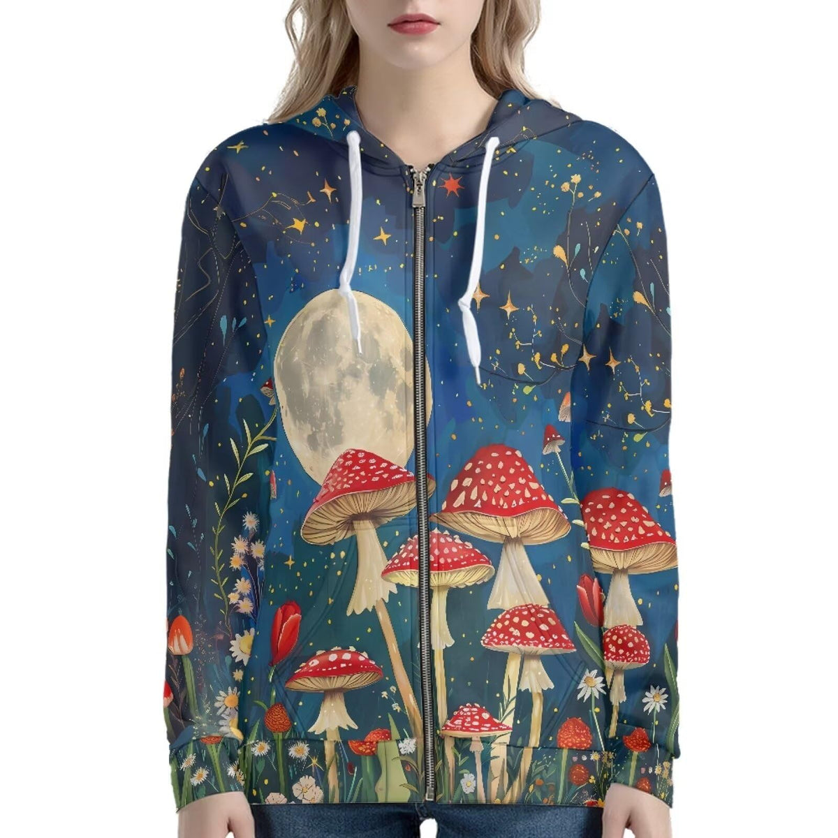 à capuche zippé rouge champignon pour femme, coupe décontractée, manches longues, poids moyen, motif graphique, idéal pour les voyages, le shopping