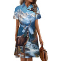 chemise décontractée à boutons pour femme Deer Eagles1 Moon, manches courtes et col, avec ceinture